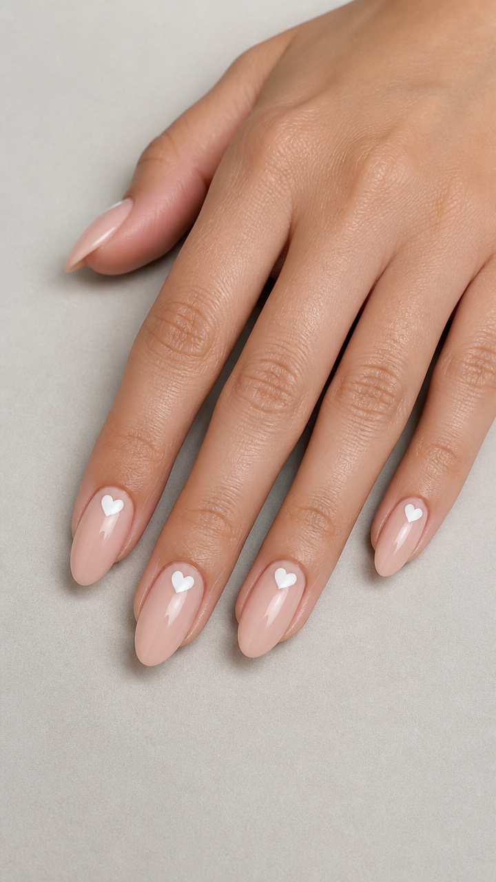 Single White Heart on Almond Nails