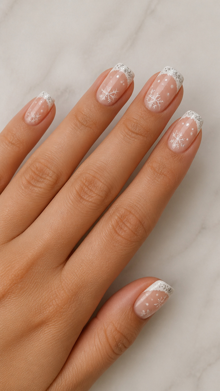 Snowy French Tips with Silver Glitter