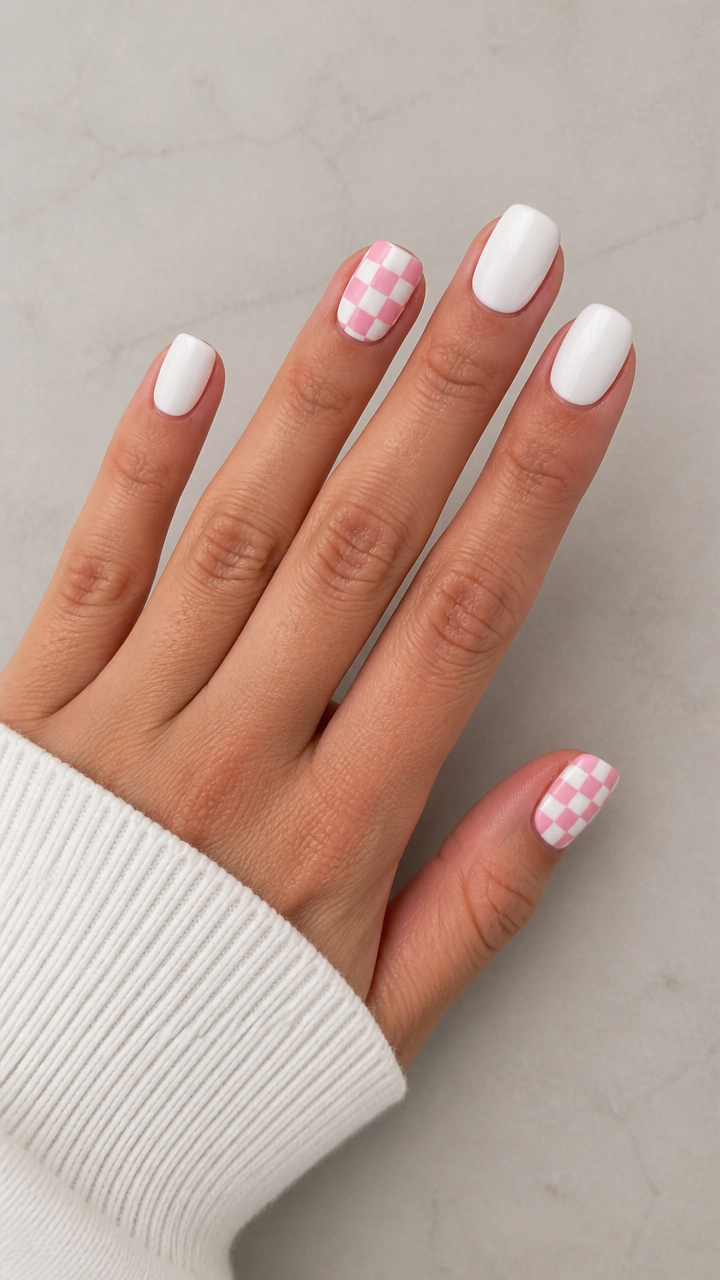 White and Baby Pink Checkered Pattern