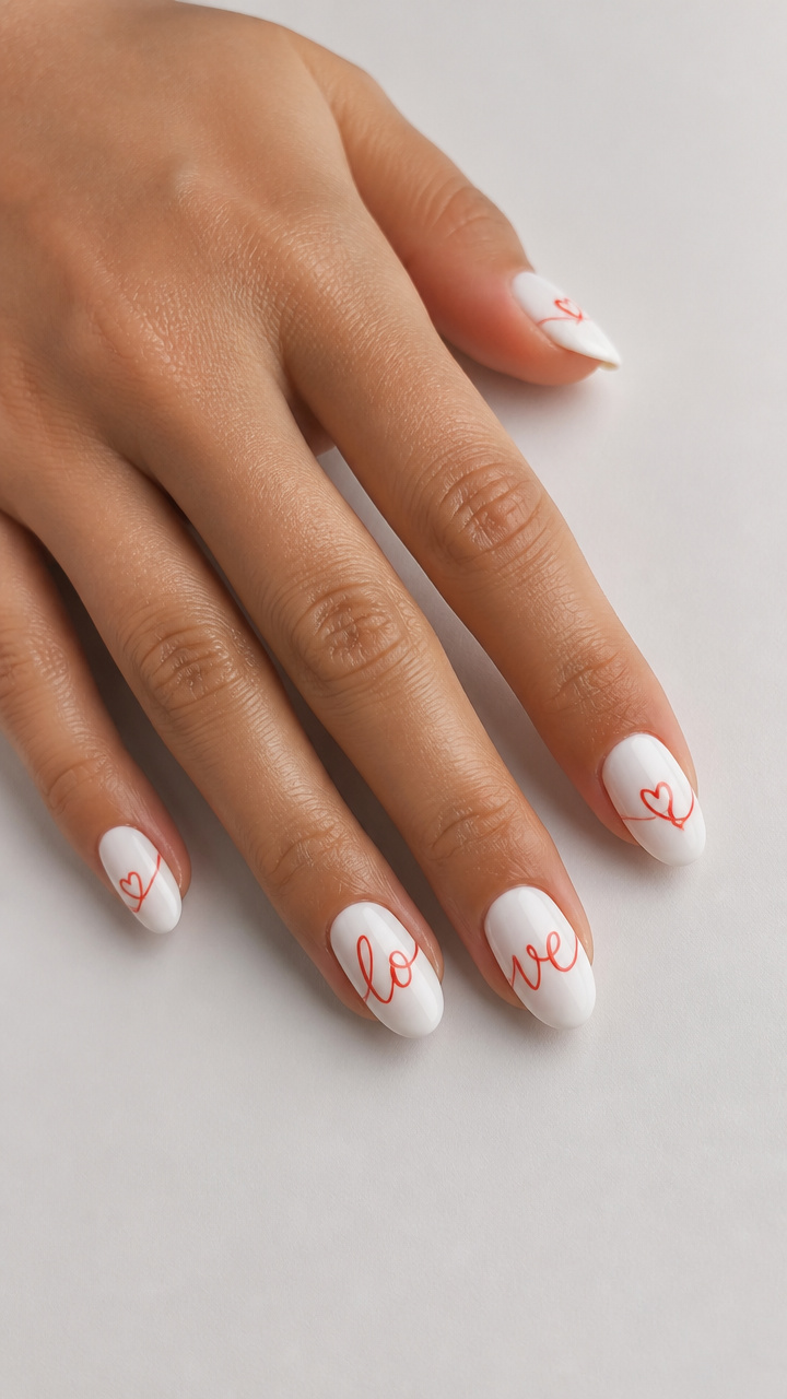 White and Red Love Letter Script Nails