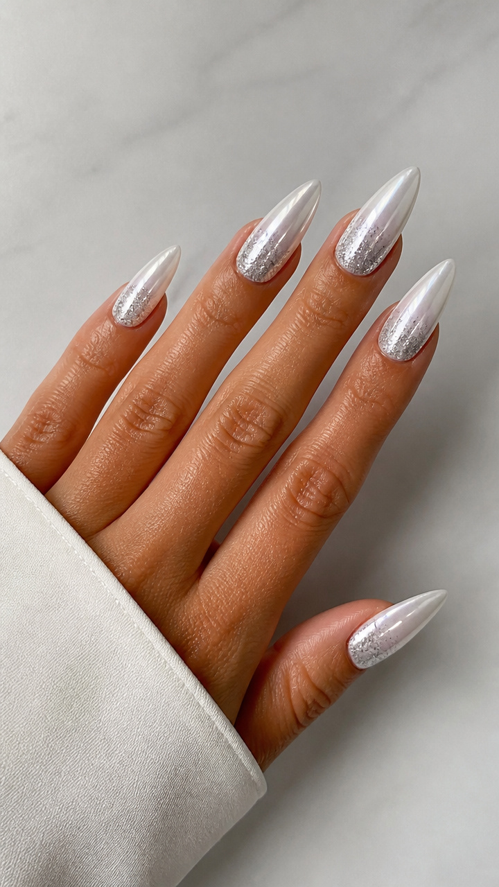 White Chrome Stiletto Nails with Silver Glitter