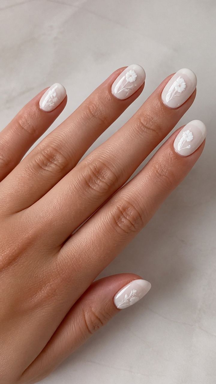 White Floral Decals on Oval Nails
