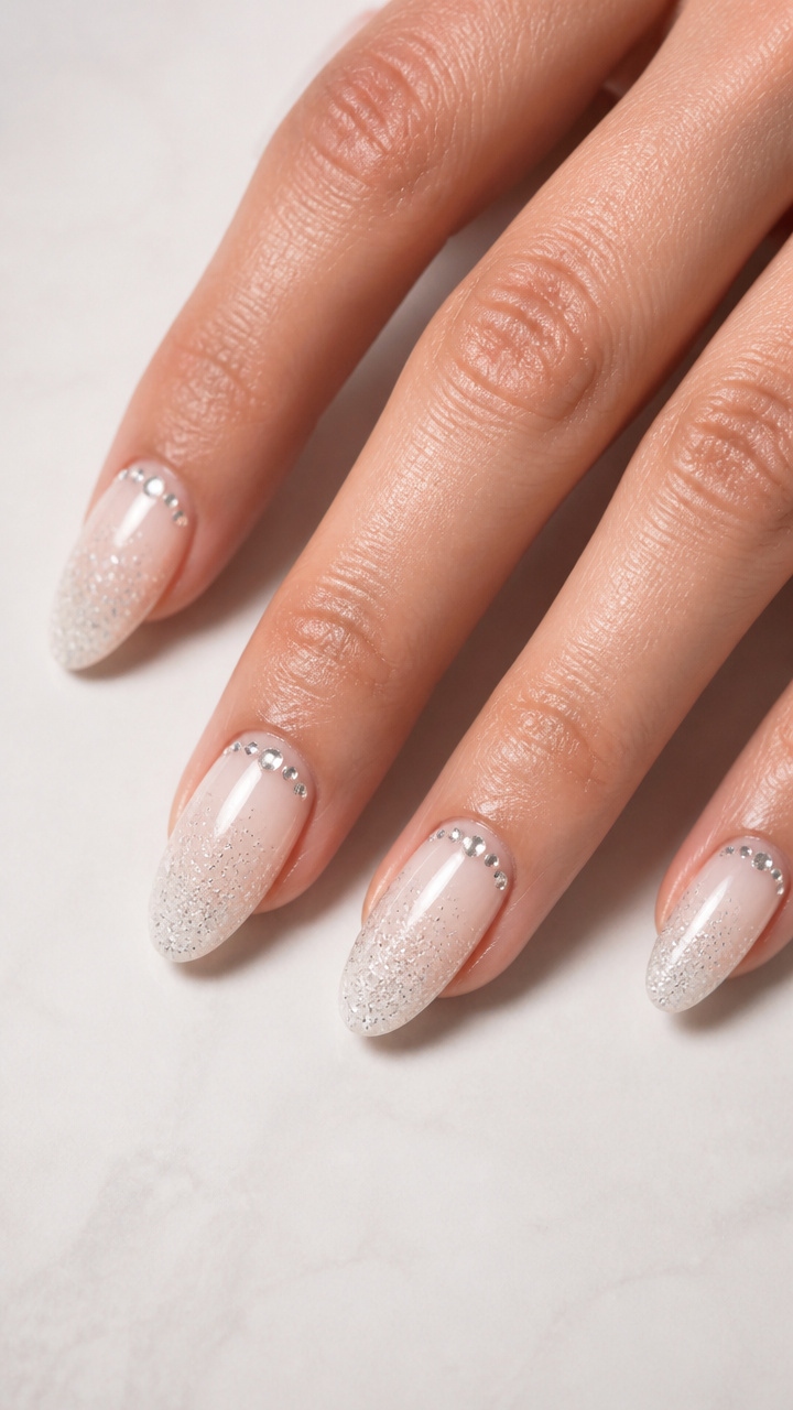 White Glitter Gradient with Tiny Rhinestones