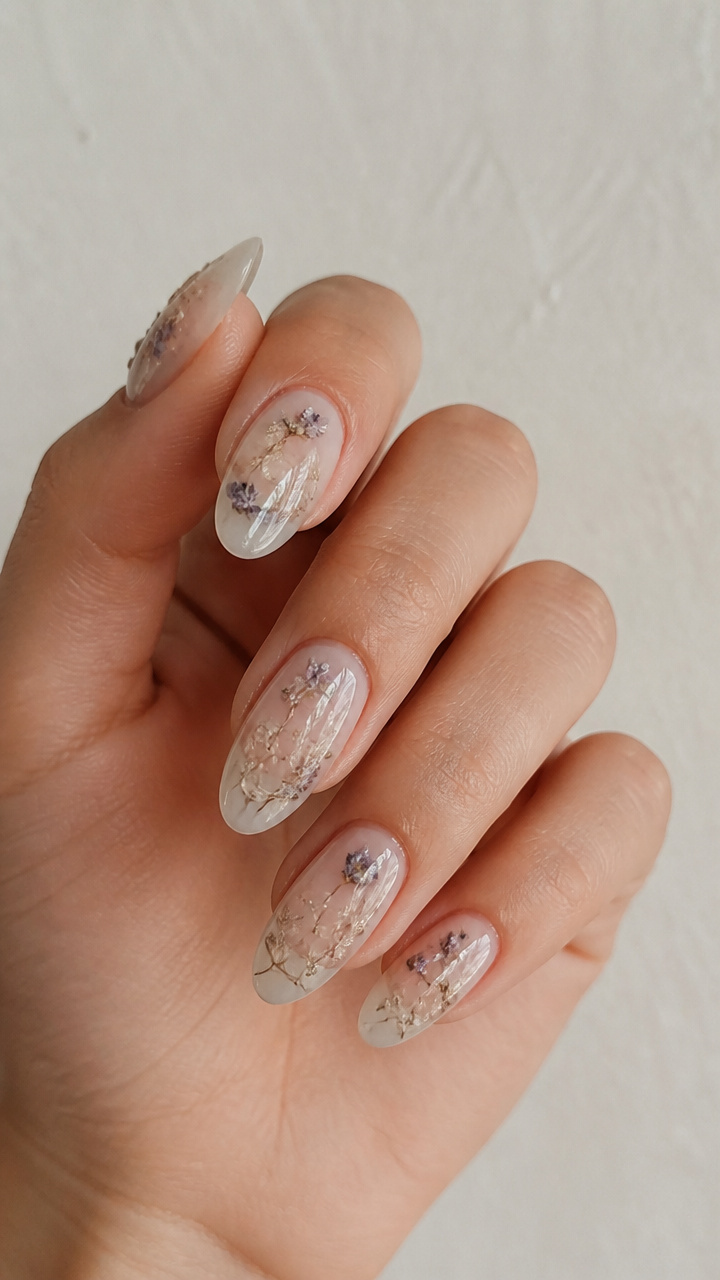 White Jelly Nails with Dried Flowers