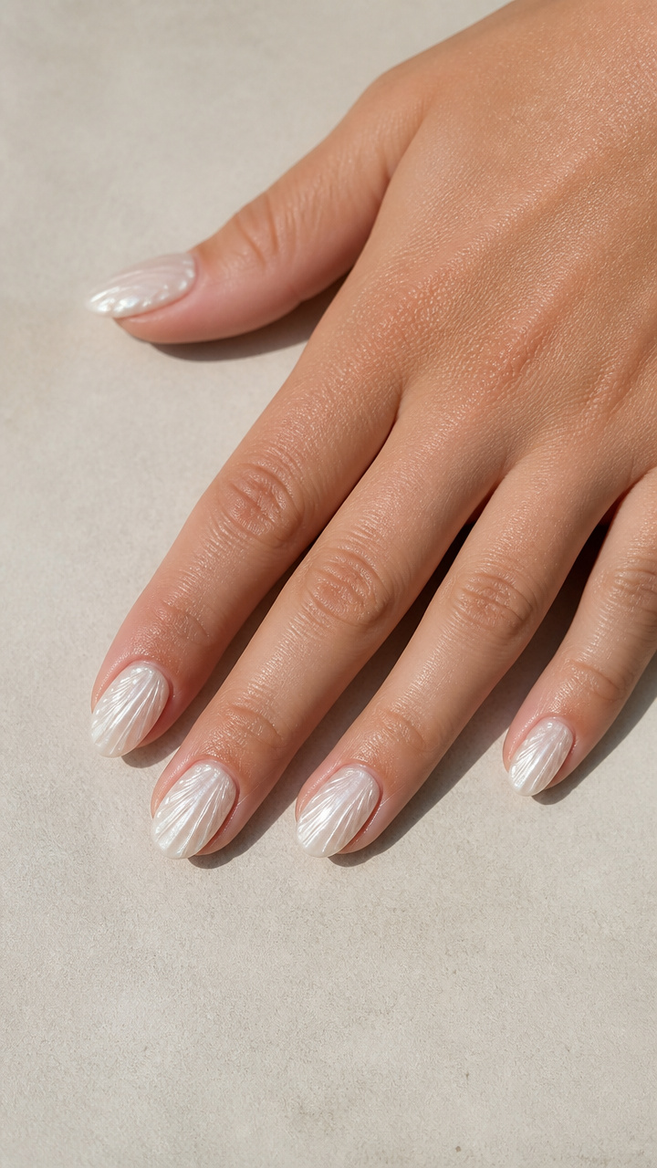 White Pearlescent Shell Nails
